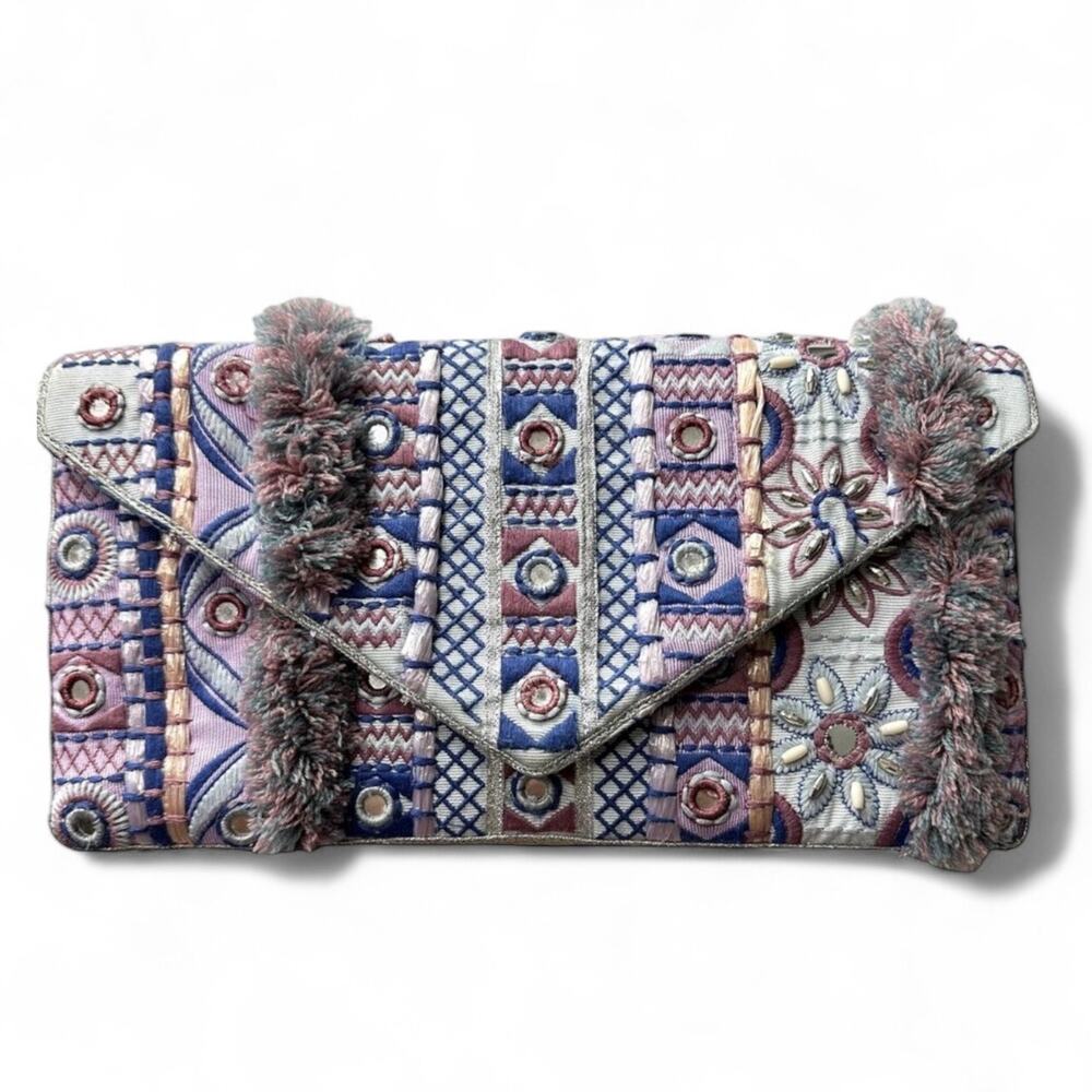 Chico's Boho Fringe Embroidered Purple Blue Multicolor Evening Party Clutch NWT